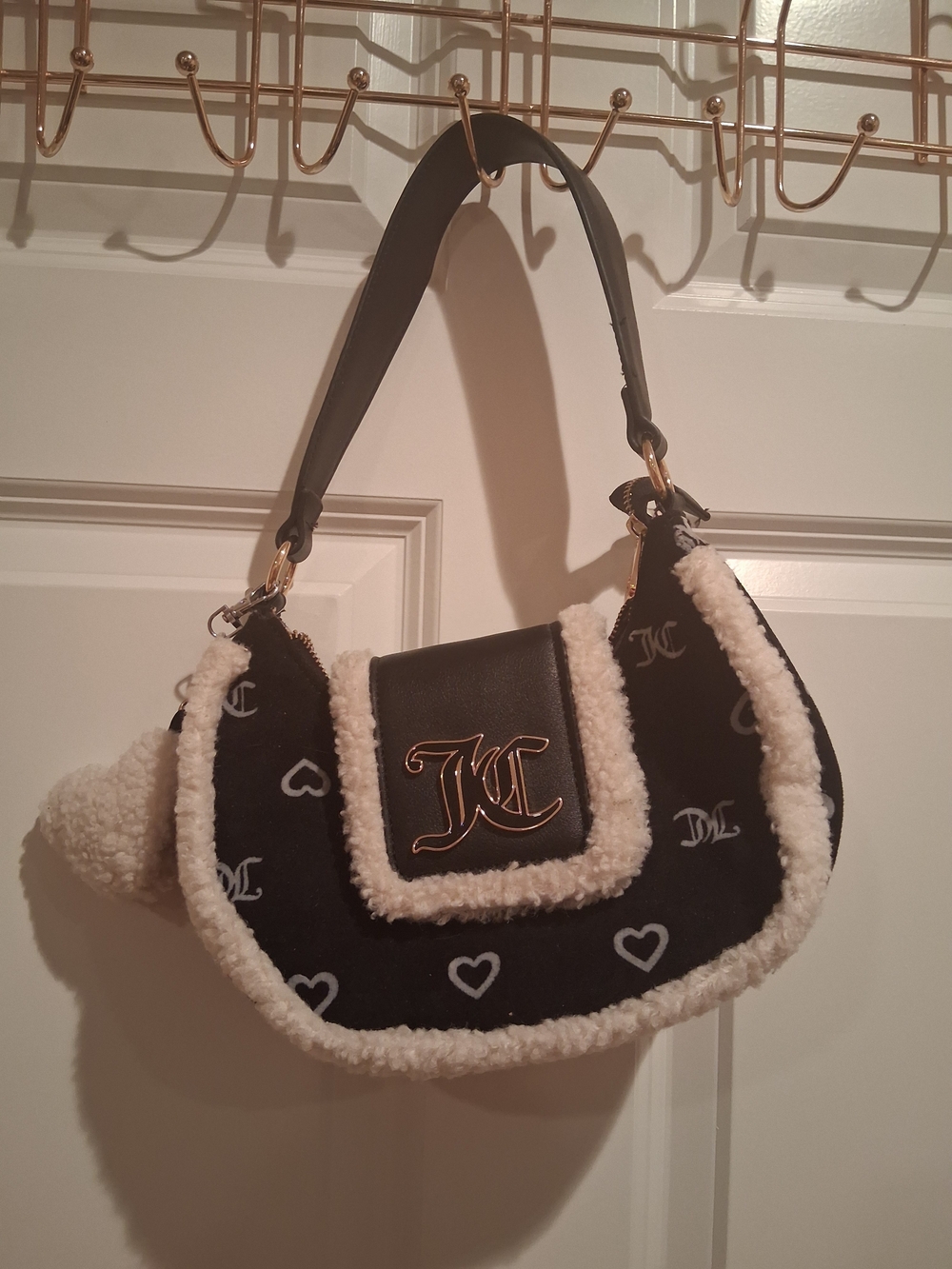 Juicy Couture Black & Ivory Faux-Shearling Heart Logo Shoulder Bag
